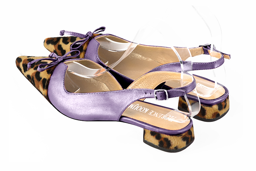 Safari black and lilac purple women's open back shoes, with a knot. Pointed toe. Flat flare heels. Rear view - Florence KOOIJMAN